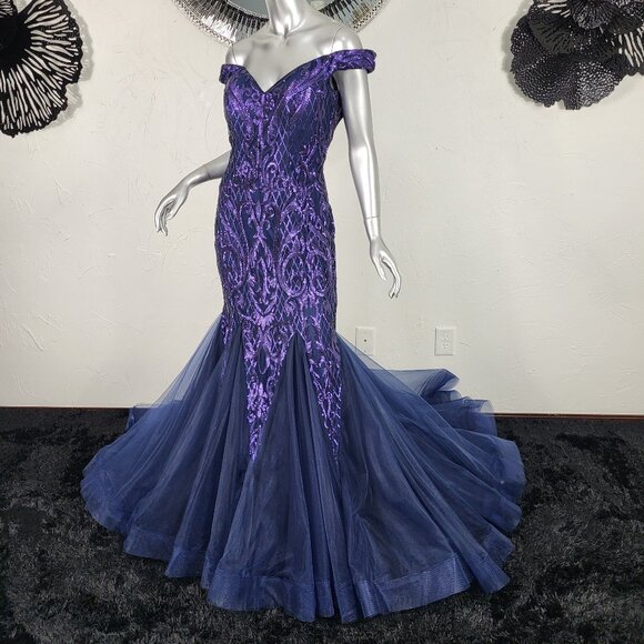 NWT~$695~AVA PRESLEY~8/10~NAVY PURPLE SEQUIN MERMAID PROM PAGEANT FORMAL DRESS - Picture 5 of 16